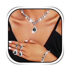 JAKAWIN Bridal Wedding Jewelry Set Rhinestone Prom Necklace Earring Set for Women (F Black)