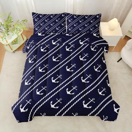 QOOMO Navy Blue Anchor Nautical Comforter Set - Sail Boat Stripe Printed Bedding for Kids Teens Room Decor - Twin Size With 1 Comforter and 2 Pillowcases