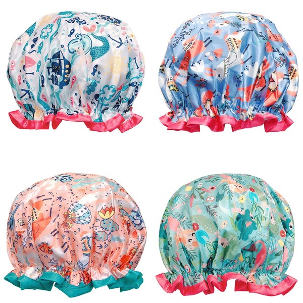 Wrapables® Stylish Double Layer Waterproof Shower Caps (Set of 4), Llamas & Ocean Fun