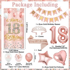 Roetyce 18th Birthday Decorations for Girls, Rose Gold Happy 18th Birthday Banner Sash & Crown Balloons Kit, Pink 18 Years Old Party Yard Door Wall Backdrop Background