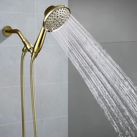 G-Promise High Pressure 6 Setting Detachable Handheld Shower Head with Extra Long Flexible Metal Hose, Adjustable Metal Holder, Polished Brass Finish (2.5GPM)
