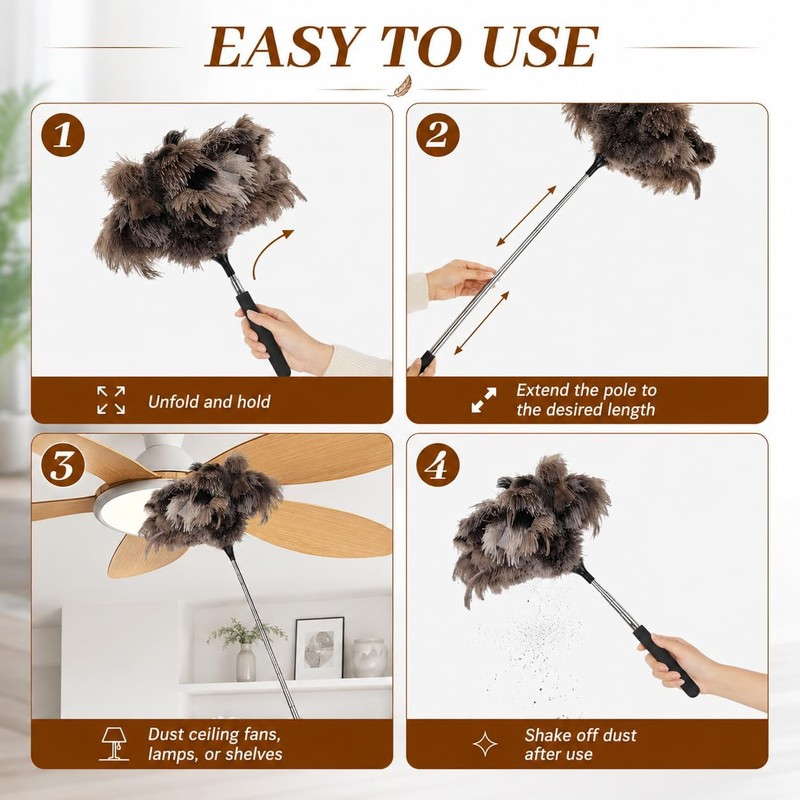 Extendable Ostrich Feather Duster 17–40 Inch, Fluffy Long Handle Reusable