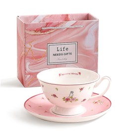 fanquare British Tea Cup and Saucer Set of 1, 200ml Pink Floral Coffee Cup and Saucer, Cute Rabbit Ceramic Cup Afternoon Tea Party Gifts for Women Girls