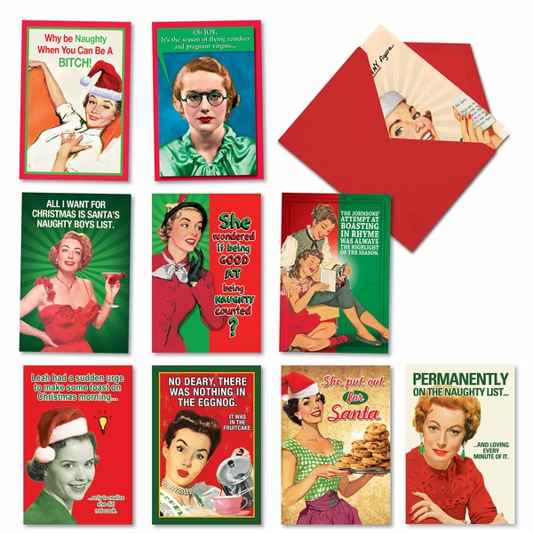 NobleWorks Variety Pack of 10 Christmas Greeting Cards with Envelopes, Adult Cartoon, Humor Holiday Assortment for Men and Women - Naughty is Nice A1255