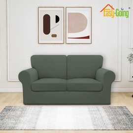 Easy-Going 5 Pieces Stretch Loveseat Cover Washable Loveseat Slipcover Set for 2 Backrest and Seat Cushion Couch Anti-Slip Sofa Couch Cover Furniture Protector (Medium, Grayish Green)