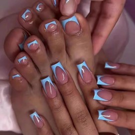 48 Pcs Blue French Tip Press on Nails & Press On Toenails Set, Medium Square Nude False Nails Spring Blue French Fake Toe Nails Spring Summer Full Cover Stick on Nails for Women Nail Decorations