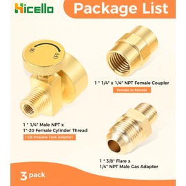 3 PCS Propane Gas Brass Fitting Kit Bundle – Includes 1 * 1LB Propane Tank Needle Valve with 1/4" NPT Connector + 1 * 1/4" NPT Female Coupler + 1 * Half Union Gas Adapter (3/8" Flare x 1/4" NPT)