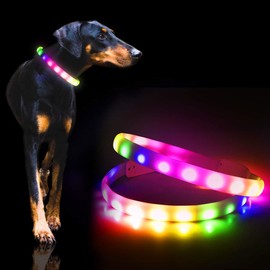 Led Dog Collar- USB Rechargeable Lighted Collar Band, Color Changeable Light Up Pet Collars, Cuttable Dog Safety Lights Glow in The Dark Dog Collars for Night Walking, Fit for Small/ Medium/ Large Dog