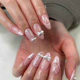 Qsnidy Elegant Silk Ribbon Bow Press on Nails Medium Almond Fake Nails with Pink Pearlescent French Tips, Glazed False Nail Tips Full Cover Stick on Nails Acrylic Glue on Nails for Women, 24 Nails Kit