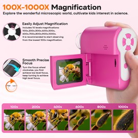 Portable Handheld Microscope for Kids with 2-inch-Screen: 1000x HD Digital Microscope for Kids Educational Science Kit, Christmas Birthday Gifts for Kids Age 5 6 7 8 9 10 11 12 (Pink)