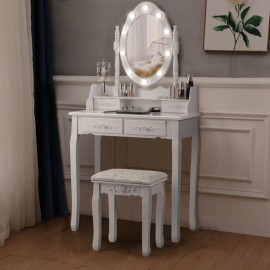 Costway Modern Dressing Table Set Makeup Vanity Desk w/Dimmable Bulbs Cushioned Stool