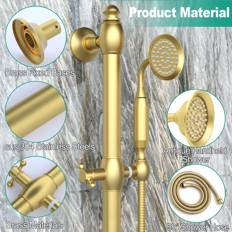 Brass Shower Slide Bar with Handheld Shower Head, Adjustable Height