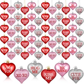 60 Pcs Valentine's Day Heart Ornaments Valentine Decoration Red Pink Silver Glitter Heart Shaped Baubles Hanging Ornaments for Valentine Tree Romantic Wedding Anniversary Party, 6 Styles