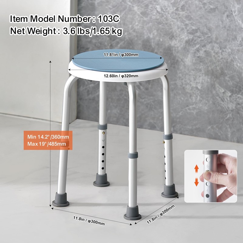 VEVOR Shower Chair for Inside Shower, 360 Degree Swivel Shower