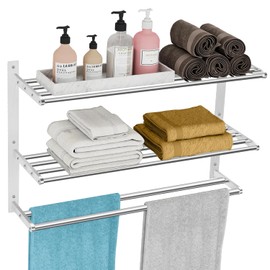 KLJKPA 24 Inch Towel Racks for Bathroom Wall-Mount, 3-Tier, Brushed Nickel | Towel Shelf with Double Towel Bar, Towel Holder, Towel Storage for Bathroom Lavatory, Stainless Steel, Space Saving