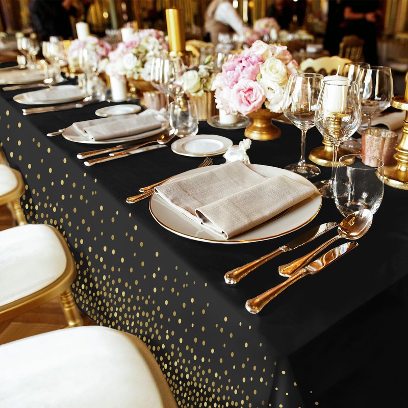 Party Tablecloths, Black Disposable Tablecloth with Gold Polka Dot Garden