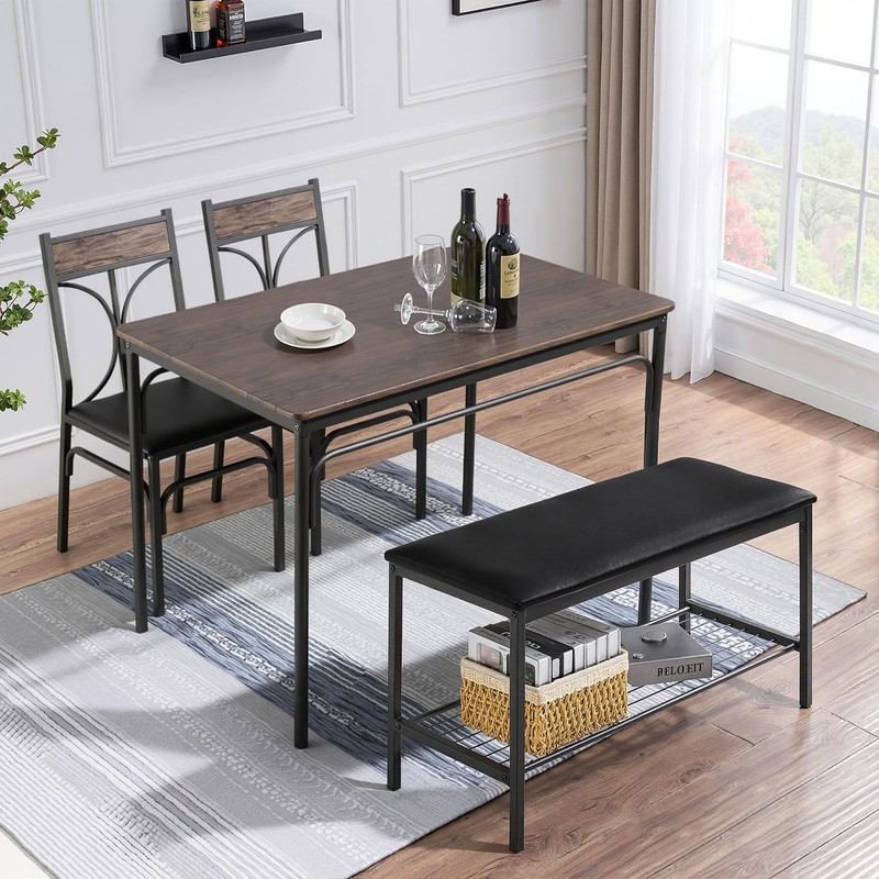 VECELO Kitchen Dining Table Set with Upholstered Bench & 2