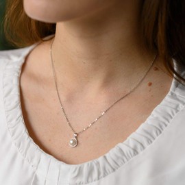 Materia Women's Necklace Pendant Pearl White with Zirconia 925 Sterling Silver Choice of Rhodium-Plated Chain, Real pearl with cubic zirconia Rhodium-plated, tarnish protection, Pearl