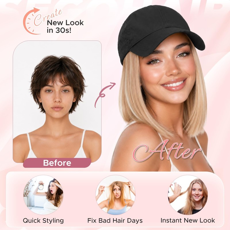 Hat Wig Short Straight Bob Hat with Hair Attached for