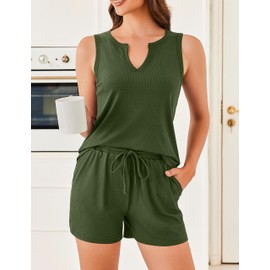 Ekouaer Pajamas Tank Top and Shorts Lounge Sets Ribbed Knit V Neck Pj Short Set Casual Outfits for Women Army Green Pjs