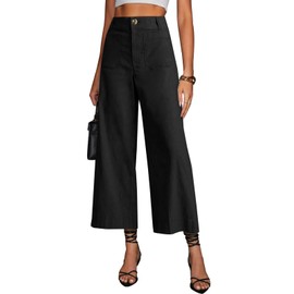 miduo Womens Fashion Loose Button High Waisted Zipper Cropped Wide Leg Straight Leg Capris Pants with Pockets Black 28