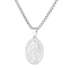 yipima 18K Gold Silver Tone Oval Guadalupe Virgin Mary Pendant Necklace for Men Womens Box Chain (silver tone, chain length:18")