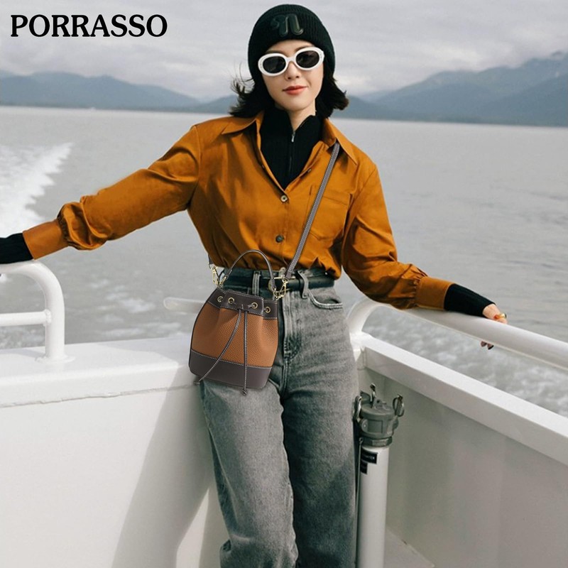 PORRASSO Women Shoulder Bag Fashion Crossbody Bag Drawstring Bucket Bag