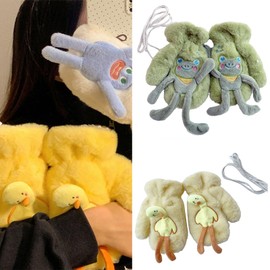 Cartoon Plush Gloves Neck Hangable Furry Mittens Windproof Thicken Hand Warmers Soft Plush Mittens