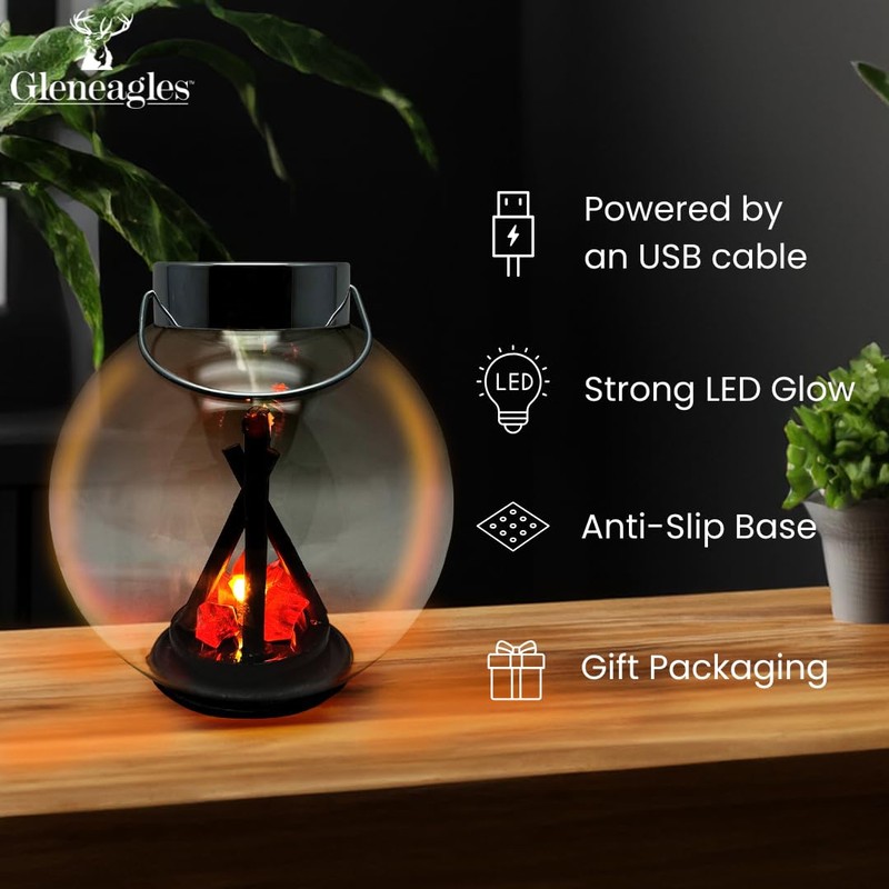 Cello Gleneagles Campfire LED Round Lantern, USB Powered, Realistic Flame