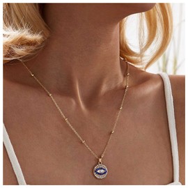Allereya Crystal Coin Evil Eye Pendant Necklace Rhinestone Eye Choker Necklace Gold Satellite Chain Necklace Cz Blue Devil Eye Necklace Jewelry for Women and Girls
