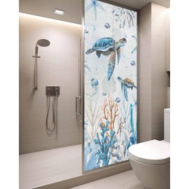 Summer Window Privacy Film, Sea Turtle Ocean Coral Starfish Fish Jellyfish Retro Static Clings Window Film for Glass Windows Removable Decorative Sticker for Home Bathroom Office, 29.5" x 78.7"