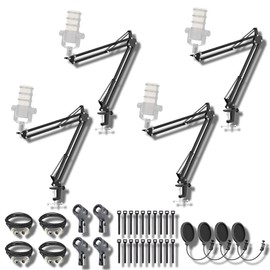 StreamEye BOOMARM1 Boom Arm Mic Stand with Desktop Mount (Four-Pack), Detachable Clips, Professional Grade XLR Cables, Microphone Pop Filters and Cable Ties