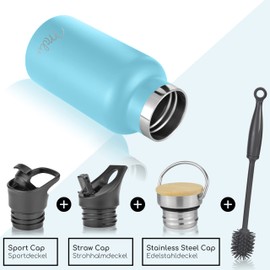 Milu Stainless Steel Water Bottle 350 ml 500 ml 750 ml 1000 ml (+ 3 Lids) Thermos Bottle with Straw Insulated Water Bottle for Children, Adults, for Travel, Leak-Proof (Sky Blue, 350 ml)