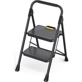 TOOLF 2 Step Ladder, Sturdy Steel Step Stool with Anti-Slip Wide Pedals, Handrail, Safe-Lock Design, Folding Portable Ladder for Multi-Purpose, Home, Kitchen, Pass 800lbs Load Testing, Black