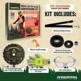 FORESTER Brush Cutter Trimmer Conversion Kit with Cut-9, Includes Safety Glasses, Earplugs, Gloves, Harness, Compatible with Husqvarna Models 325 LX, 325 LXT, 322 L, 525 L, 525 LS, 525 LST