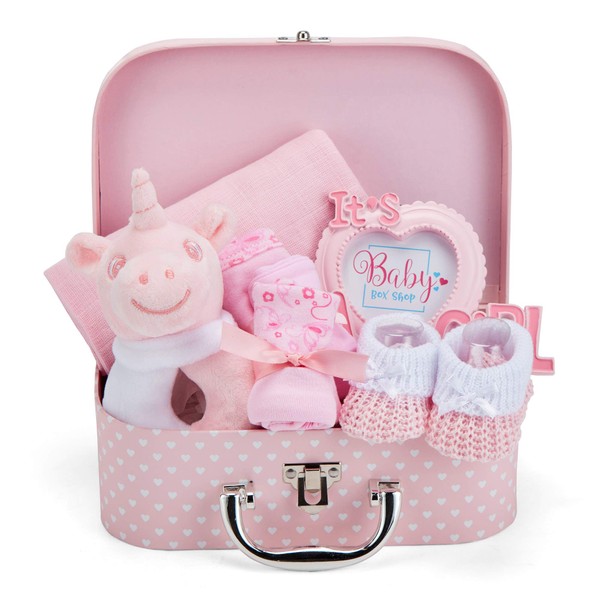 Baby Box Shop - 7 Newborn Baby Girl Gifts Ideal for Christening, Birthdays & Baby Shower Gifts - Includes Baby Essentials for Newborn Girl with Baby Rattle in Cute Keepsake Case, Baby Girl Hamper