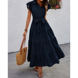 dowerme Women's Summer Casual Dresses 2025 Cap Ruffle Sleeve V Neck Button Belted Tiered Boho Maxi Dress with Pockets(Navy,X-Large)