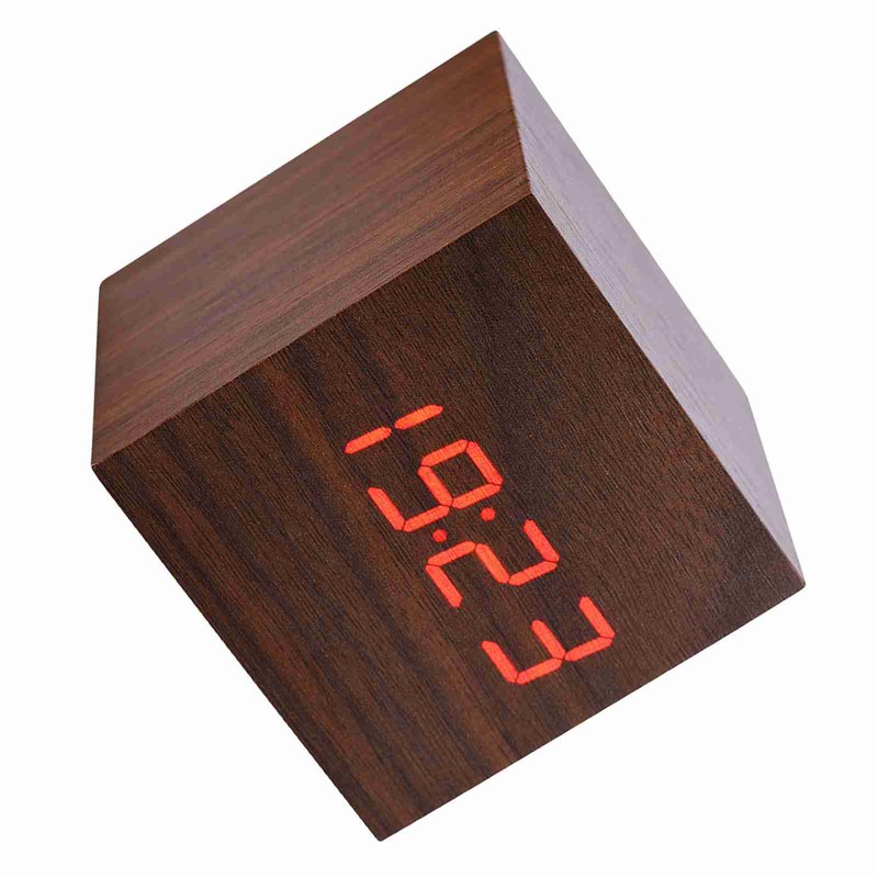 6x6x6cm Wooden Electronic Digital Alarm Desk Clock Temperature LED Display