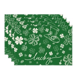 Artoid Mode Hat Clover Shamrocks Lucky St. Patrick's Day Placemats Set of 4, 12x18 Inch Seasonal Spring Table Mats for Party Kitchen Dining Decoration
