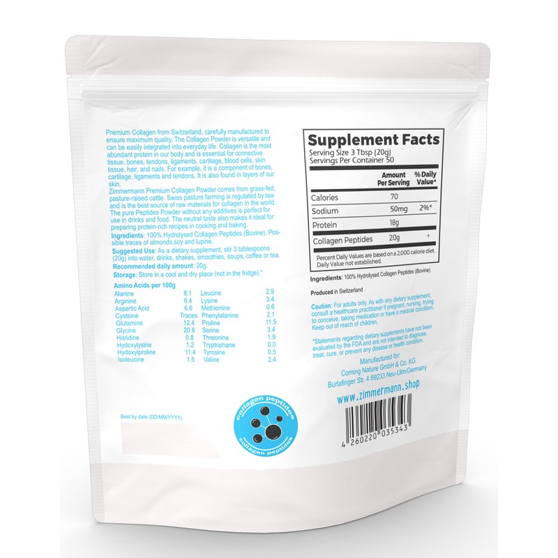 Zimmermann Collagen Peptides Powder 2.2lb 1000g, Produce of Switzerland, Grass