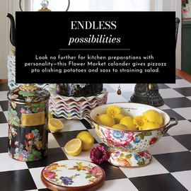 MACKENZIE-CHILDS Enamel Colander, Decorative Kitchen Strainer, Large, White Flower Market