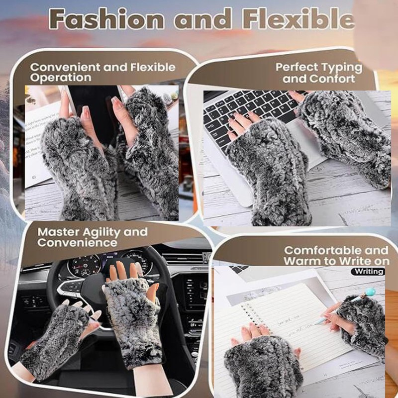 Valpeak Womens Rabbit Fur Winter Mittens Knitted Fingerless Gloves (beige)