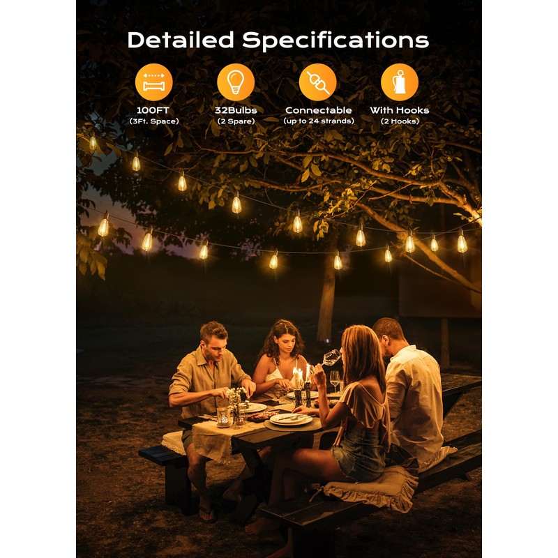Brightown Outdoor String Lights Patio Lights, 100FT ST38 Shatterproof Dimmable