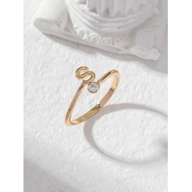 Initial Letter Ring for Women Girls Gold A-Z Letter Ring Stainless Steel Adjustable Opening Ring Dainty Inlaid Crystal Jewelry Stocking Stuffers (S-Gold)