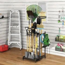 Heavy Duty Black Metal Garden Tool Organizer Rack With Hooks For Shovels Brooms Outdoor Storage Stand Floor MountColor: Black Color