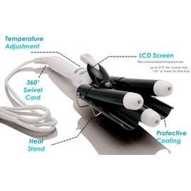 Alure Three Barrel Curling Iron Wand with LCD Temperature Display - 1 Inch Ceramic Tourmaline Triple Barrels, Dual Voltage Crimping Tool, Best Hair Waver for Beachy/Frizz Free Waves (Black/White)