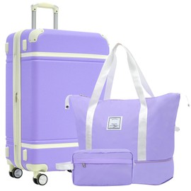 Luggage Set 3 Piece, 28 IN Hardside Suitcase with Spinner Wheels and TSA Lock, Hardshell Lightweight Vintage Luggage with Travel Bag (Purple)