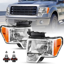 SOCKIR Headlight Assembly Compatible with 2009-2014 Ford F150 OE Style Headlamp Replacement w/Bulbs Passenger and Driver Side (Chrome Housing & Amber Reflector)