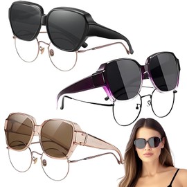 Over Glasses Sunglasses Womens, 3 Pairs Polarised Sunglasses Over Glasses, Oversized Trendy Square Fit Over Sunglass for Women and Men Driving Outdoor Activities Travel (Purple+Tea+Black)