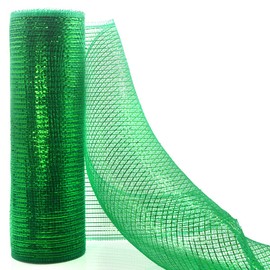 Koopi Green Deco Mesh 10 inch x 10 Yards Each Roll, Set of 2 Metallic Foil Poly Mesh Ribbons for Wreaths, Swags, Craft, Party and Decorating Supplies- 2 Rolls